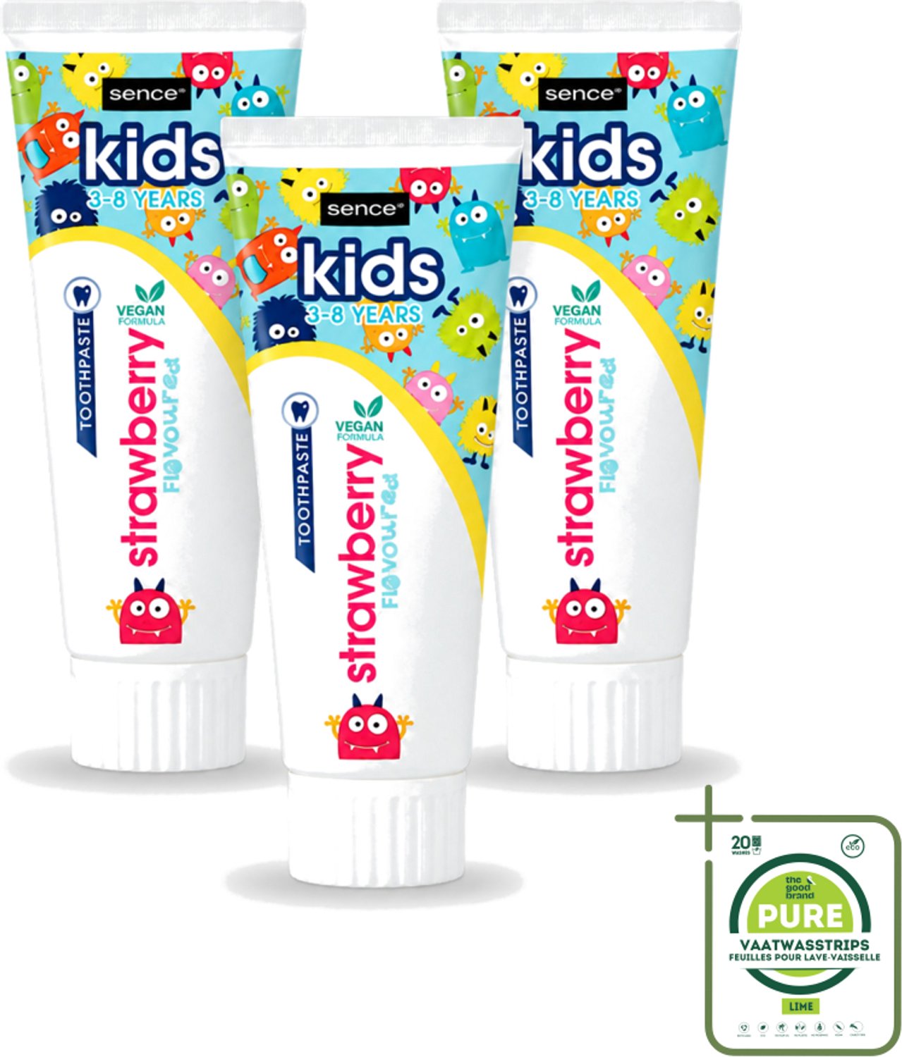3 x Sence - Kids 3-8 Jaar - Tandpasta - Aardbei Smaak - Vegan - 75 ml - Grootverpakking - Vaatwasstrips - Tandpasta Voor Kinderen - Kindertandpasta - Aardbei Tandpasta - Vegan Tandpasta - Tandenpoetsen Voor Kinderen