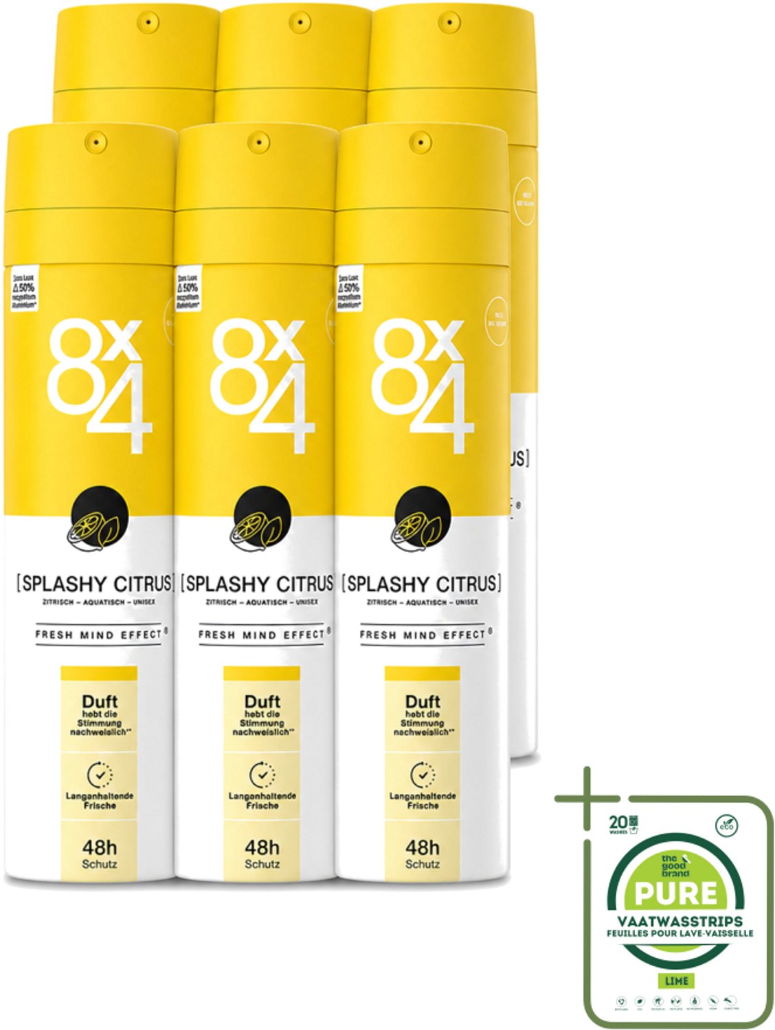 6 x 8 x 4 Deospray - Splashy Citrus - Deodorant - Citrusgeur - 150 ml - Grootverpakking - Vaatwasstrips - Citrusgeur - Deodorant - Citrus - Zweetvermindering - Frisheid