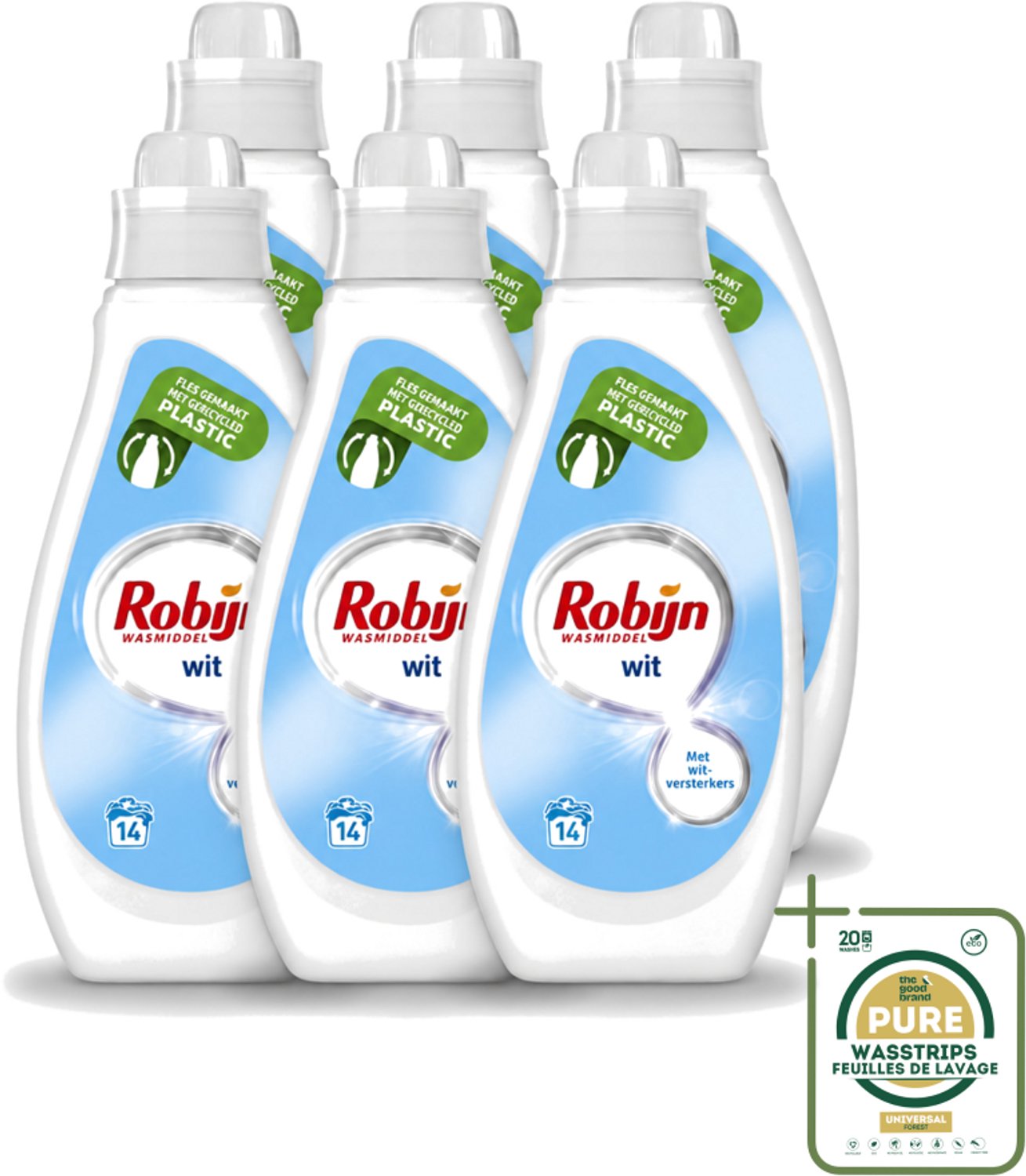 6 x Robijn - Wit - Vloeibaar Wasmiddel - Met Witversterkers - 14 Wasbeurten - 700 ml - Wasstrips - Wit Wasmiddel - Witversterker - Stralend Wit - Vloeibaar Wasmiddel - Wasbeurten