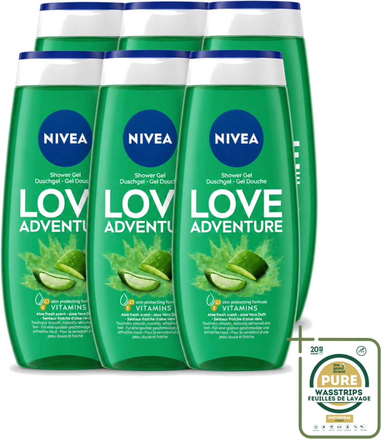 6 x Nivea - Love Adventure Douchegel - Huidbeschermend - 250 ml - Wasstrips - Douchegel - Huidbeschermend - Verfrissend - Vitamine C - Vitamine E