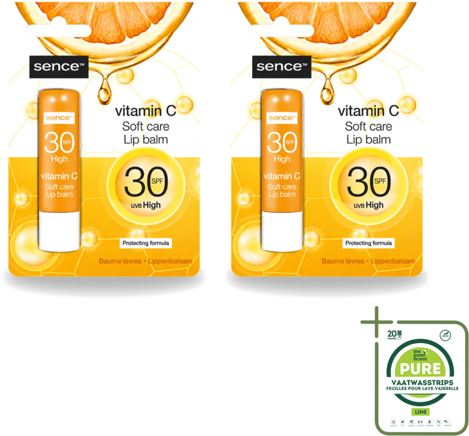 2 x Sence - Soft Care Vitamin C - Lippenbalsem - Hydraterend - 4,3 g - Grootverpakking - Vaatwasstrips - Lippenbalsem - Vitamine C - Hydratatie - Verzorging - Droge Lippen