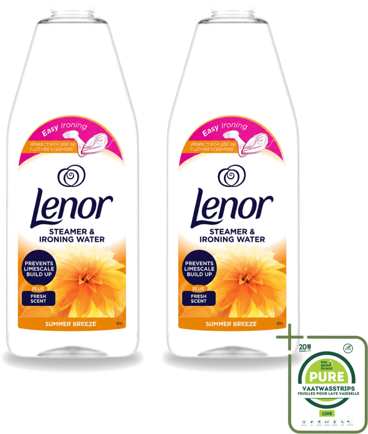 2 x Lenor - Strijkwater - Summer Breeze - Textielverfrisser - 1000 ml - Grootverpakking - Vaatwasstrips - Strijkwater - Zomerse Geur - Textielverfrisser - Wasgoed - Kledingverfrisser