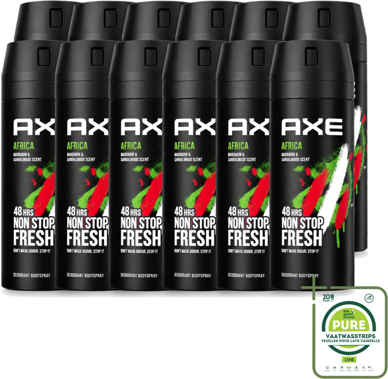 12 x Axe - Deodorant Bodyspray - 48hrs Non Stop Fresh - Africa - Mandarin & Sandalwood - 150 ml - Grootverpakking - Vaatwasstrips - Deodorant Sprayer - Geurbeheersing - Mandarijn En Sandelhout - Bodyspray - Geur Bescherming