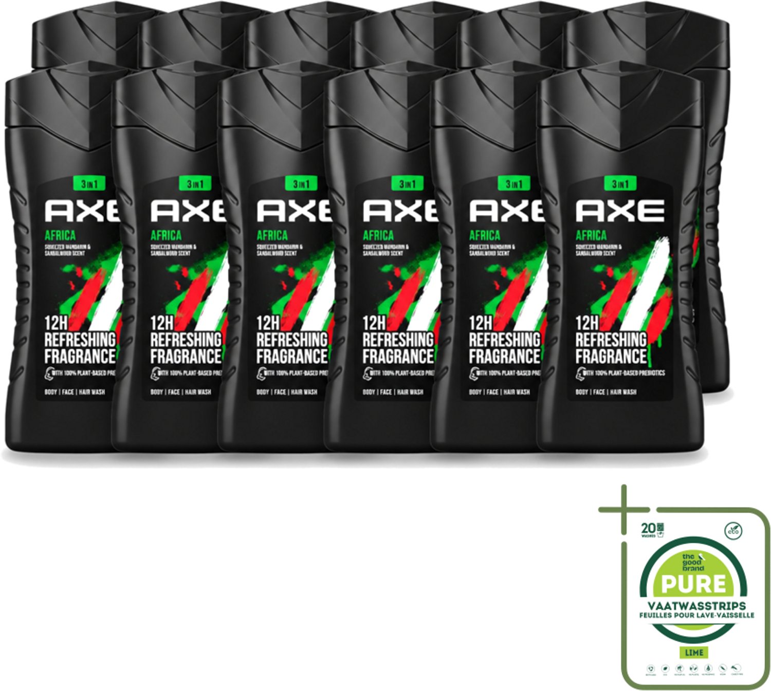 12 x Axe - 3-in-1 Douchegel - Africa - Squeezed Mandarin & Sandalwood - 100% Plantaardig - 250 ml - Grootverpakking - Vaatwasstrips - Douchegel - Axa Africa - Prebiotica - Huidverzorging - Geur