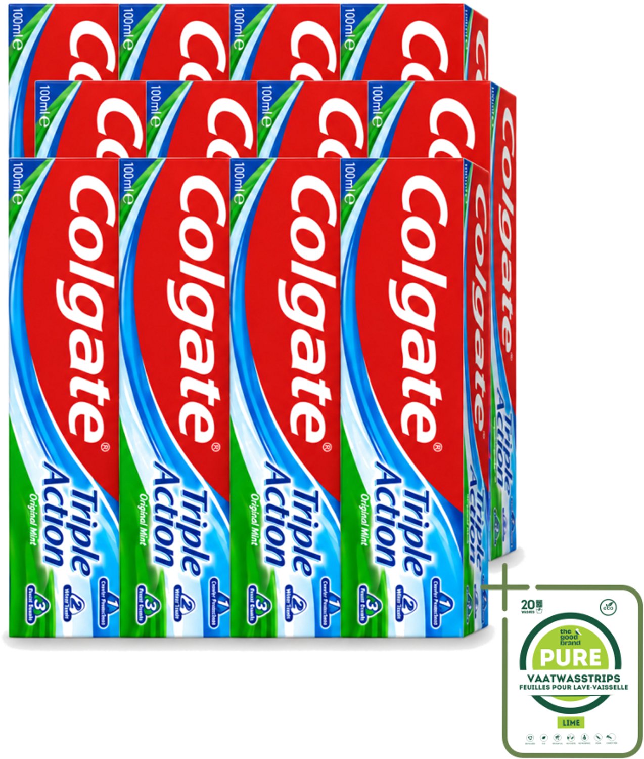 12 x Colgate - Triple Action - Original Mint - Tandpasta - 100ml - Grootverpakking - Vaatwasstrips - Tandpasta - Gaatjesbescherming - Wittere Tanden - Frisse Adem - Mondverzorging