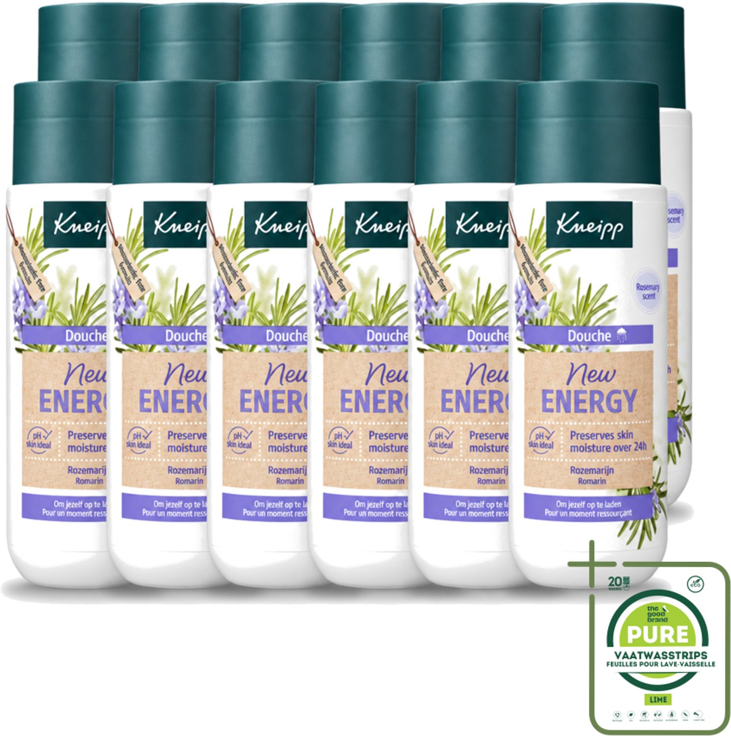 12 x Kneipp - Douchegel - New Energy - Energieke Geur - 200 ml - Grootverpakking - Vaatwasstrips - Douchegel - Energie - Rozemarijn - Natuurlijke Geur - Hydraterend