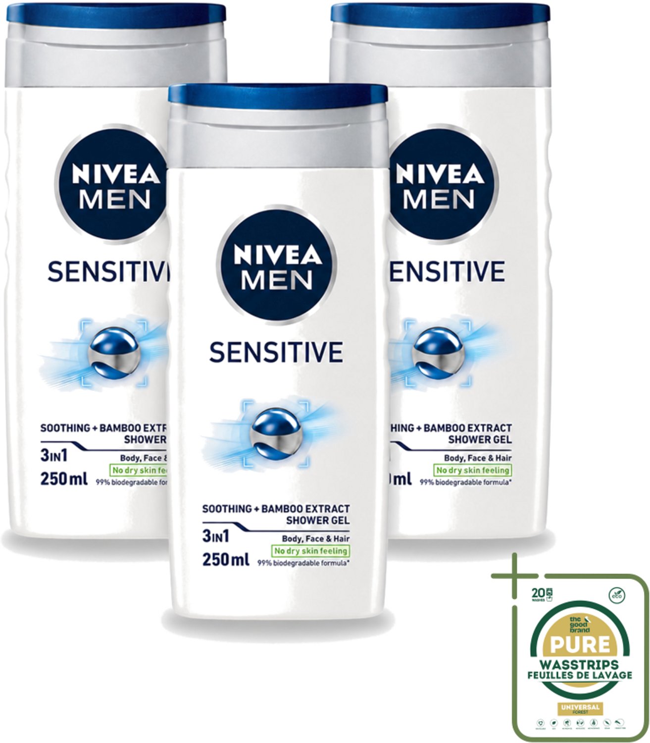 3 x Nivea - Men - Sensitive Douchegel - Hydraterend - 250 ml - Wasstrips - Gevoelige Huid - Douchegel - Hydraterend - Huidverzorging - Mannelijke Geur