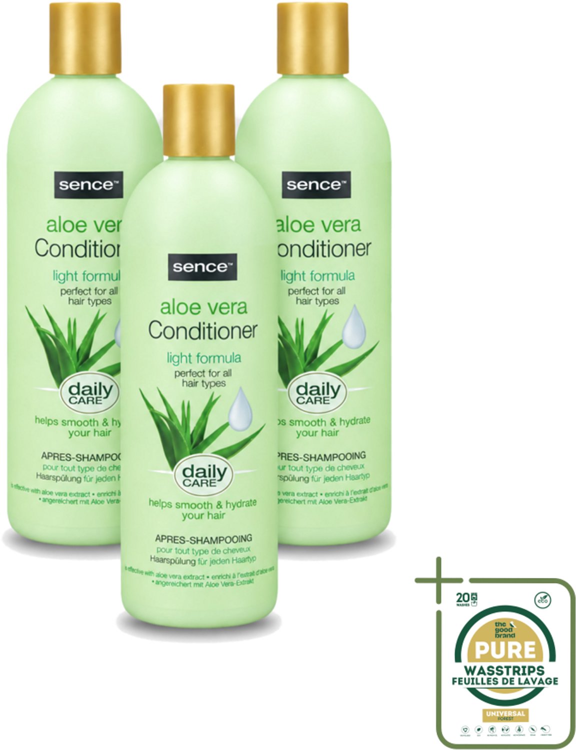 3 x Sence - Aloë Vera - Conditioner - Hydraterend - 400 ml - Wasstrips - Aloë Vera Conditioner - Droog Haar Conditioner - Beschadigd Haar Conditioner - Hydraterende Conditioner - Haar Herstel