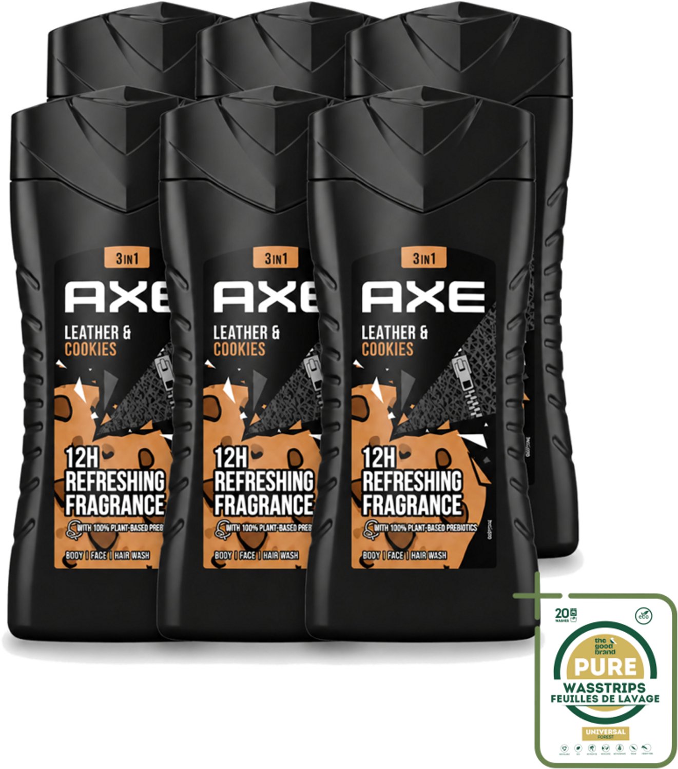 6 x Axe - 3-in-1 Douchegel - Leather & Cookies - 100% Plantaardig - 250 ml - Wasstrips - 3-in-1 Douchegel - Douchegel Voor Lichaam - Douchegel Voor Gezicht - Douchegel Voor Haar - Geur Leer En Koekjes