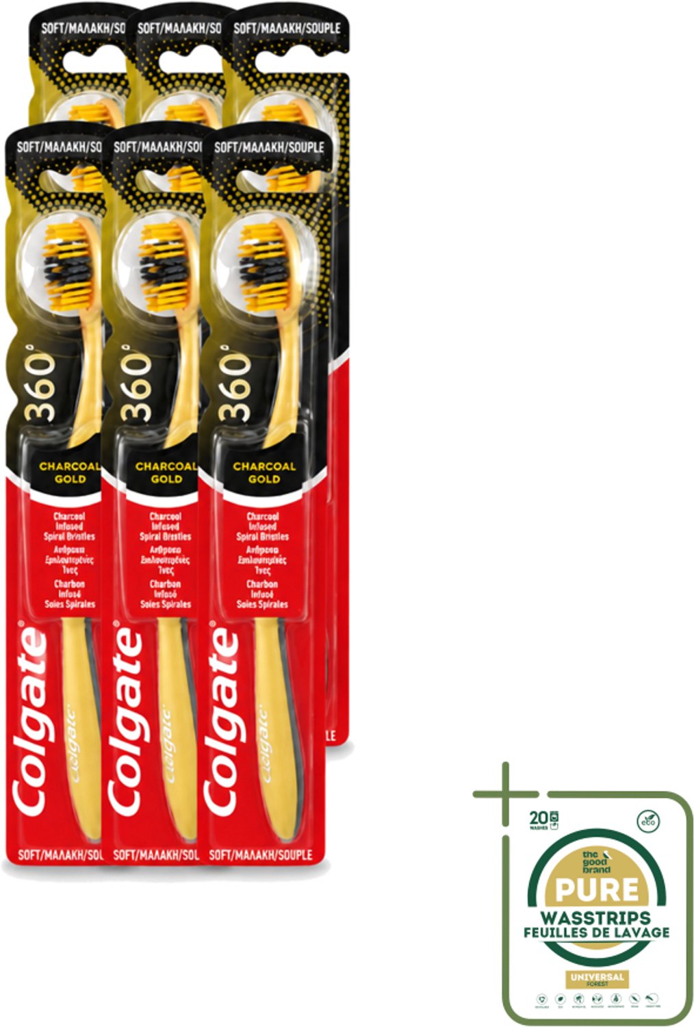 6 x Colgate - Tandenborstel - 360 Charcoal Gold Soft - Zwart/Goud - 1 Tandenborstel - Tandenborstel - Houtskool - Tanden Reinigen - Tanden Witter Maken - Tandenborstel Zacht