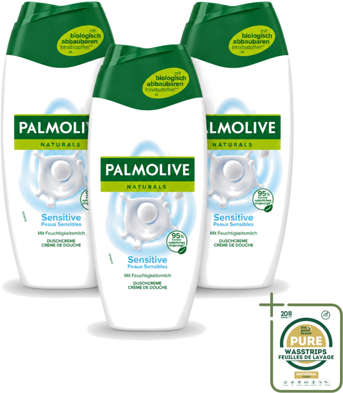 3 x Palmolive Naturals - Douchegel - Sensitive - Voor Gevoelige Huid - 250 ml - Wasstrips - Gevoelige Huid - Douchegel - Melkproteïnen - Zachte Douchegel - Natuurlijke Vochtbalans