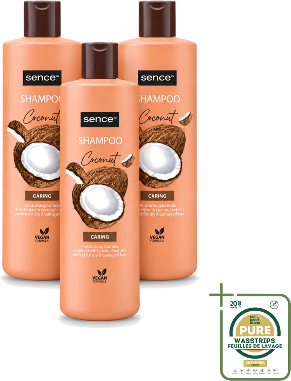 3 x Sence - Coconut - Shampoo - Verzorgend - 400 ml - Voordeelverpakking - Wasstrips - Kokos Shampoo - Droog Haar Shampoo - Beschadigd Haar Shampoo - Glanzend Haar - Gezond Haar