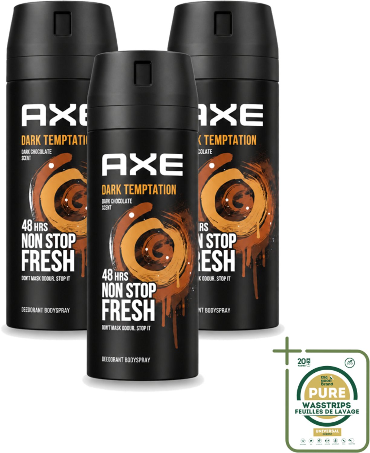 3 x Axe - Deodorant Bodyspray - 48hrs Non Stop Fresh - Dark Temptation - Dark Chocolate - 150 ml - Wasstrips - Axe Dark Temptation - Deodorant - Bodyspray - Chocolade Geur - Rode Peperkorrels