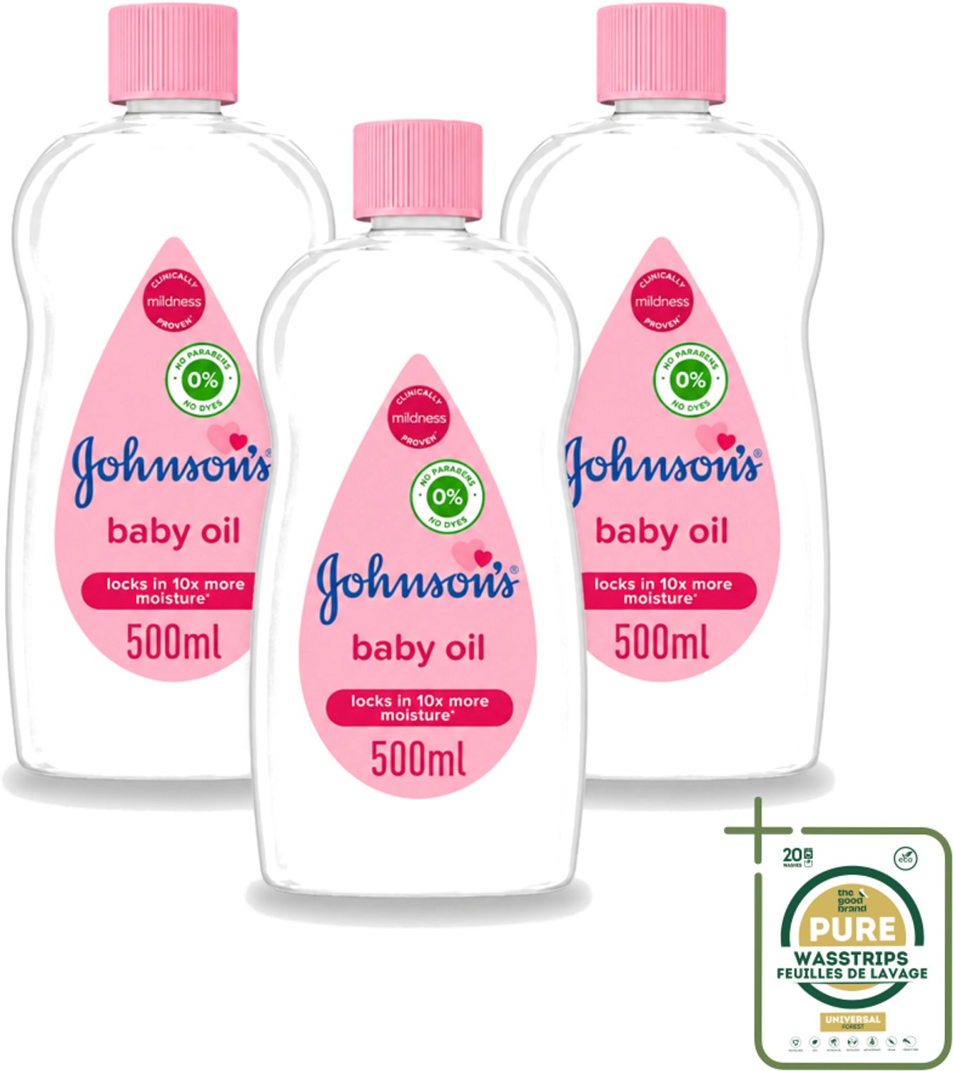 3 x Johnson's - Baby Olie - Verzachtend - Hydraterend - 500 ml - Wasstrips - Baby Aceite - Babyolie - Babyhuid Verzorging - Baby Massage - Hydratatie