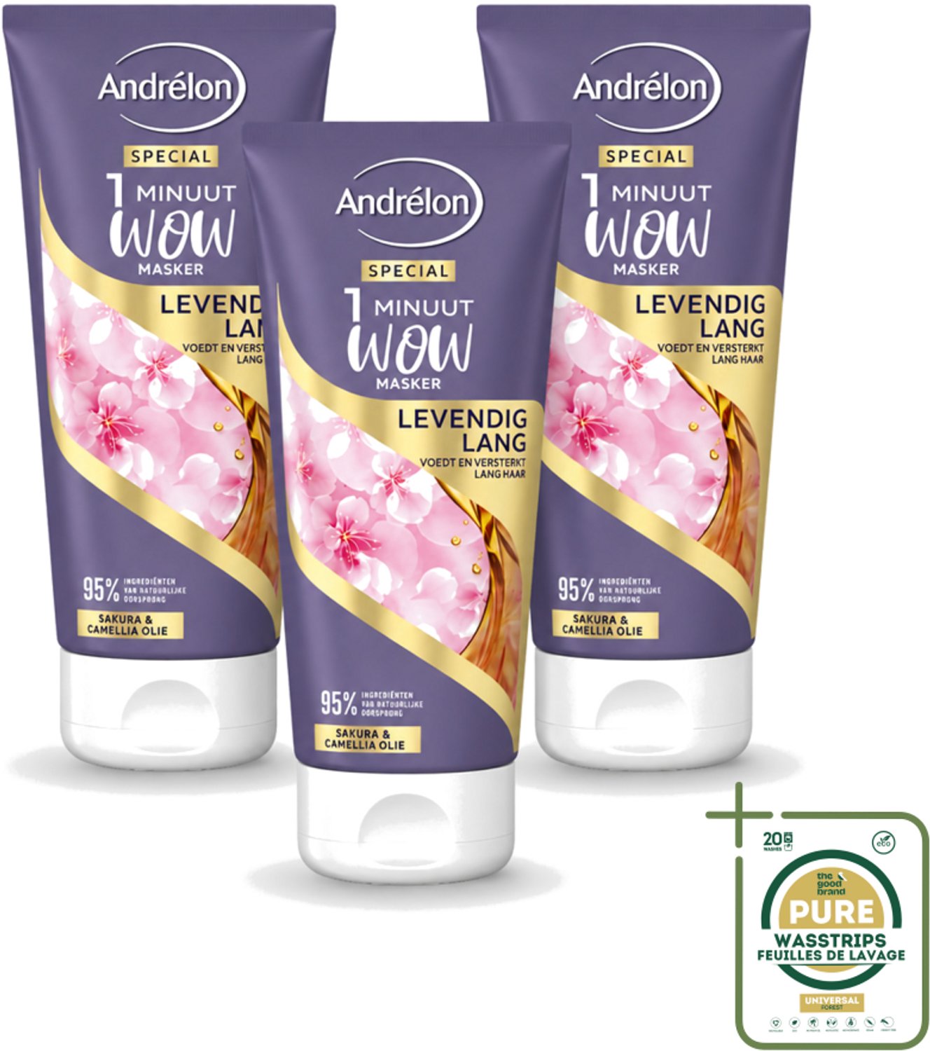 3 x Andrélon - 1 Minuut Wow Haarmasker - Levendig Lang - 180 ml - Wasstrips - 1 Minuut Masker - Haarmasker Lang Haar - Sakura En Camellia-olie - Haarmasker Voor Lang Haar - Haarmasker 1 Minuut