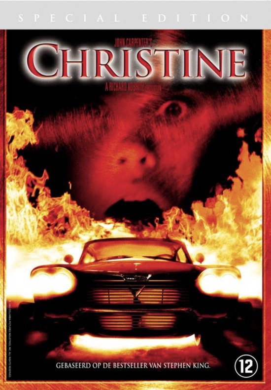Speciale editie van Christine, gebaseerd op Stephen King, met een auto in vlammen en een angstaangezicht.