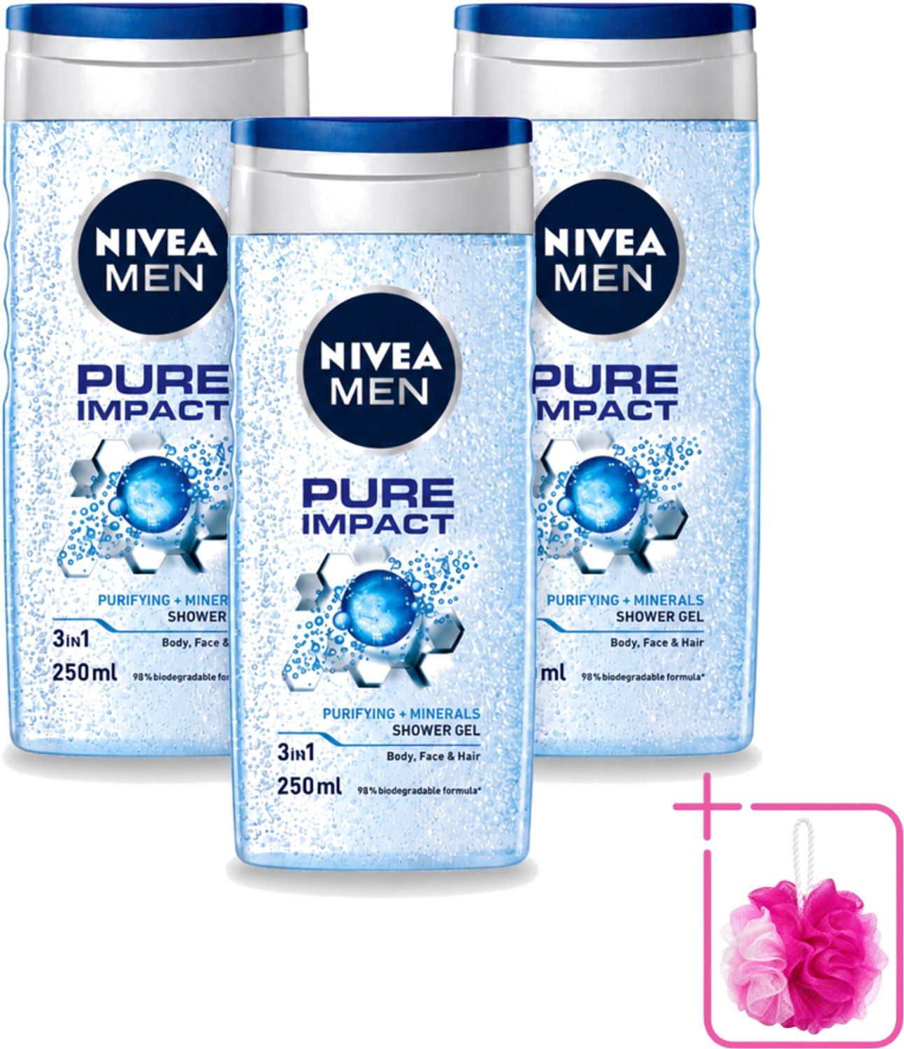 3 x Nivea Men – Douchegel – Pure Impact – 250 ml - Bulkverpakking - Douchegel - Douchemop - Reiniging