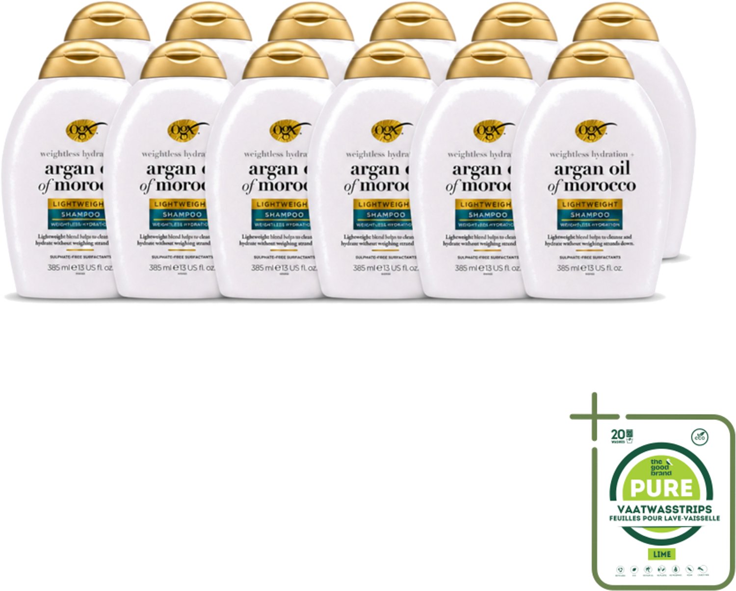 12 x OGX - Argan Oil of Morocco - Shampoo - Lichtgewicht - Voor Dagelijks Gebruik - 385 ml - Grootverpakking - Vaatwasstrips - Luchtige Shampoo - Arganolie Shampoo - Dagelijks Wassen - Gezonde Glans - Haar Verzorging