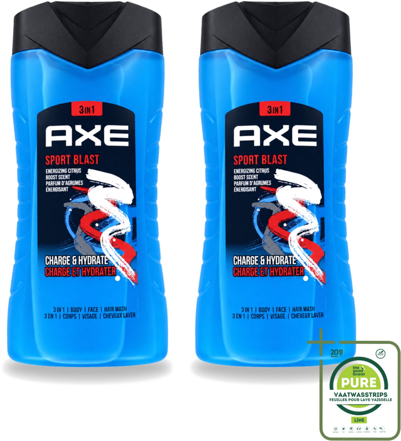 2 x Axe - 3-in-1 Douchegel - Sport Blast - Energizing Citrus - Hydraterend - 250 ml - Grootverpakking - Vaatwasstrips - Douchegel Sport - Hydraterende Douchegel - Frisse Geur Douchegel - Douchegel Na Training - Sport Douchegel
