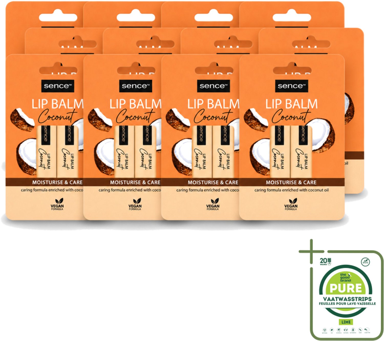 12 x Sence - Moisturise & Care - Lippenbalsem Duo - Verzorgend - 2 x 4,3 g - Grootverpakking - Vaatwasstrips - Lippenbalsem - Kokos - Lippenverzorging - Hydraat - Bescherming