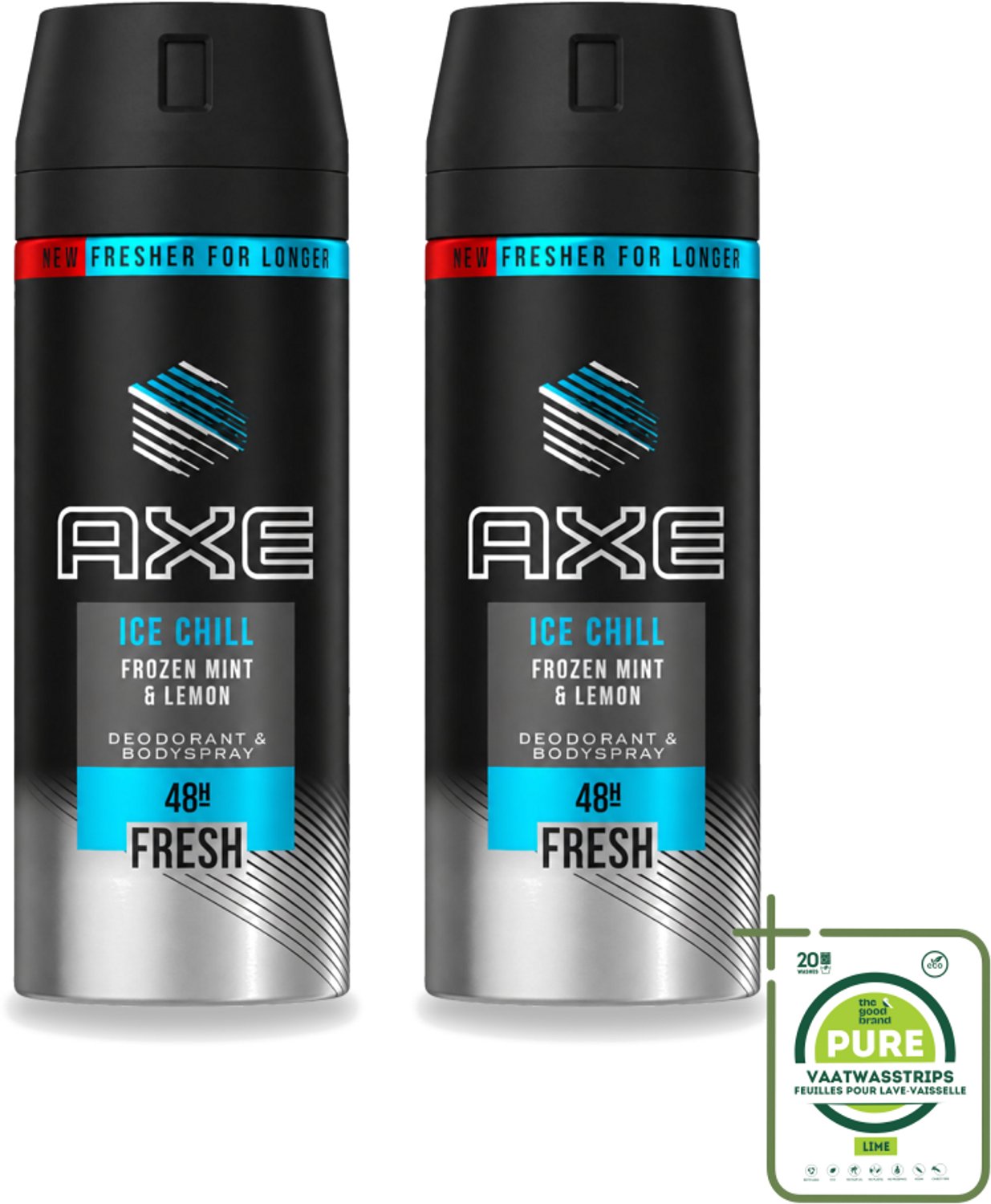 2 x Axe - Deodorant Bodyspray - 48hrs Fresh - Ice Chill - Frozen Mint & Lemon - 150 ml - Grootverpakking - Vaatwasstrips - Bevroren Munt - Citroen - Frisheid - Geurbestrijding - Deodorant