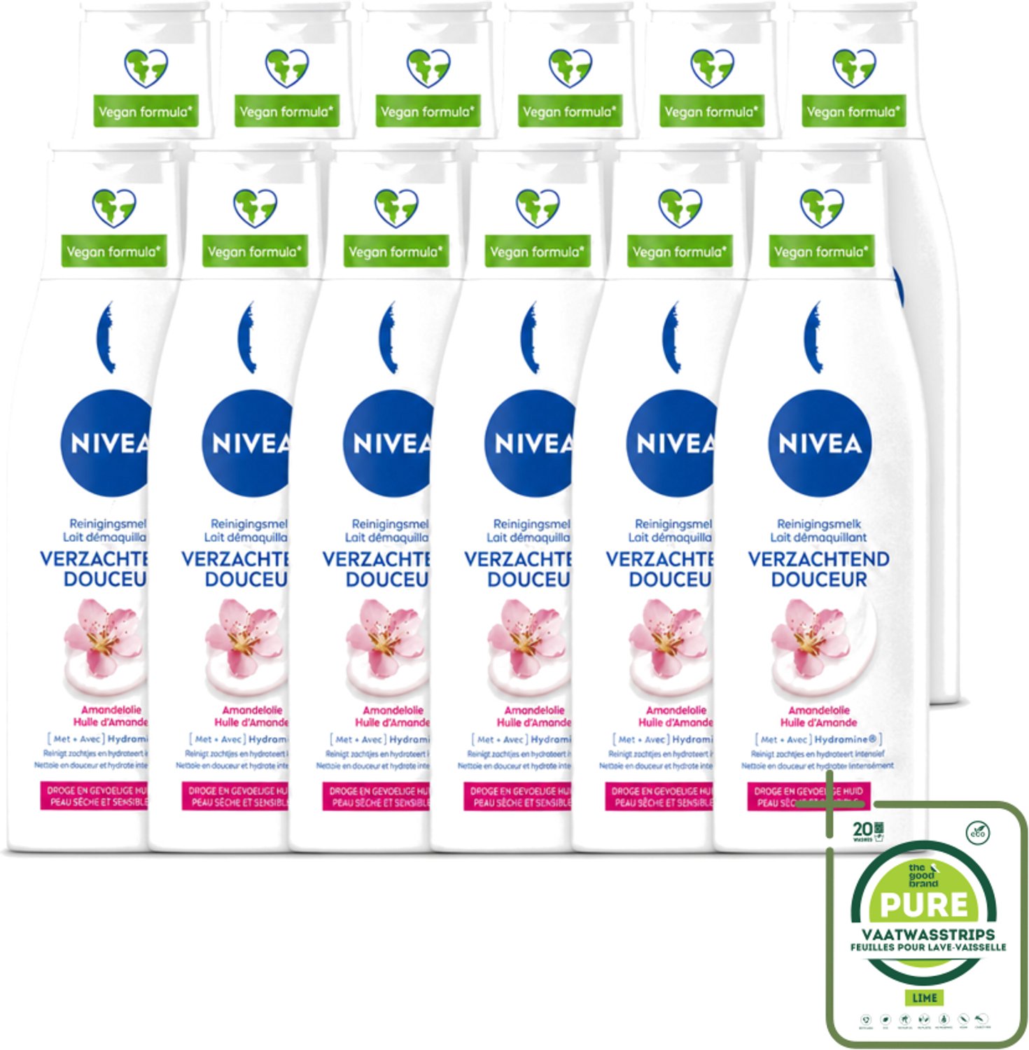 12 x Nivea - Gezichtsreiniger - Droge en Gevoelige Huid - Amandelolie - Hydramine - 200 ml - Grootverpakking - Vaatwasstrips - Gezichtsreiniger - Droge Huid - Gevoelige Huid - Amandelolie - Hydramine