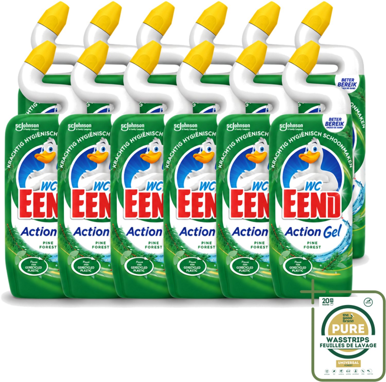 12 x WC Eend - Toiletreiniger - Action Gel - Pine Forest - Krachtige Reiniging & Frisse Dennengeur - 750 ml - Wasstrips - Toiletreiniger - Reinigingsgel - Kalkverwijdering - Urinesteen - Fris Ruiken