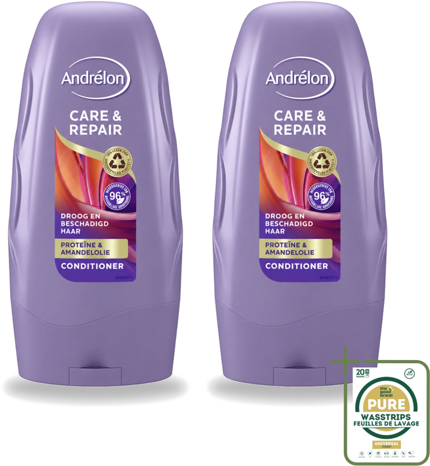 2 x Andrélon - Care & Repair - Conditioner - Voor Beschadigd Haar - 250 ml - Wasstrips - Herstel Haar - Beschadigd Haar - Proteïne - Amandelolie - Droog Haar