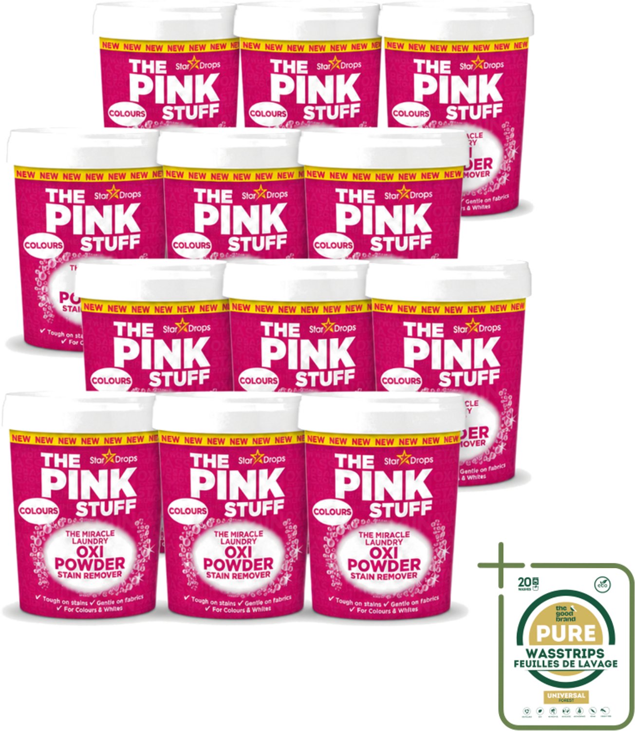 12 x The Pink Stuff - Vlekverwijderaar - Voor Bonte Was - 1kg - Wasstrips - Vlekverwijderaar - Wasgoed Reinigen - Vlekken Verwijderen - Poeder Voor Was - Kleurbehoud