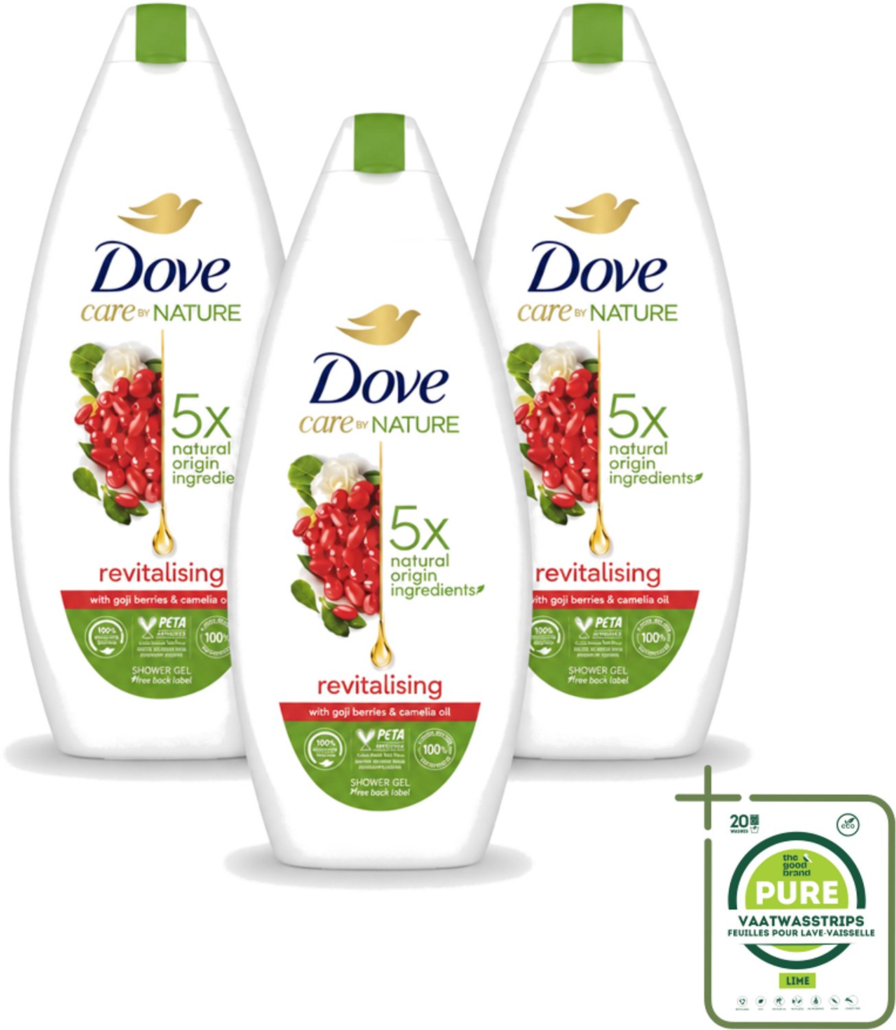 3 x Dove - Douchegel - Revitalising - Verfrissend - 225 ml - Grootverpakking - Vaatwasstrips - Douchegel - Huidverzorging - Verfrissend - Revitaliserend - Hydraterend