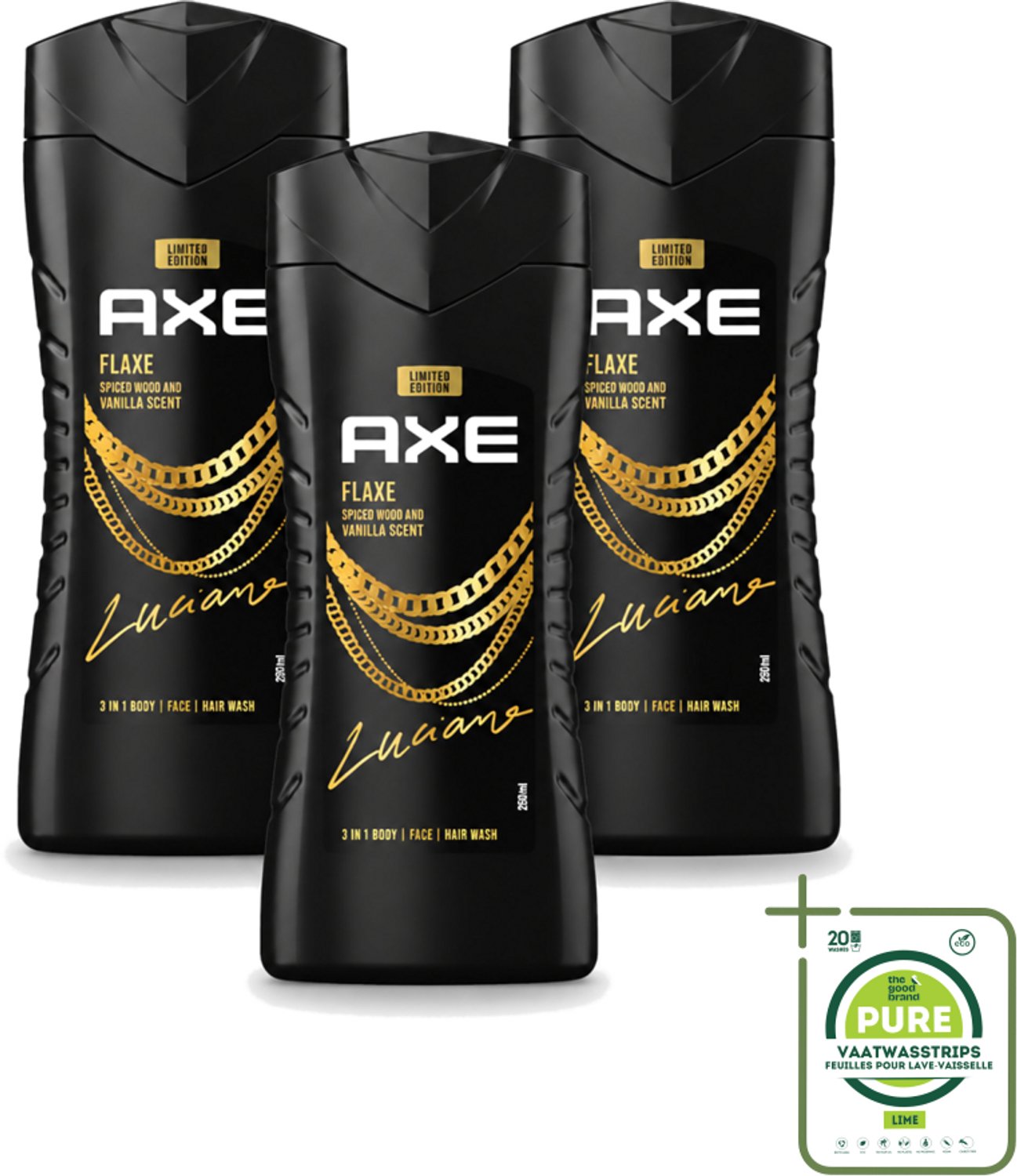 3 x Axe – Douchegel – Flaxe – 250 ml - Grootverpakking - Vaatwasstrips - Douchegel Voor Mannen - Frisse Geur - Reiniging Lichaam - Hydraatende Douchegel - Mannelijke Geur