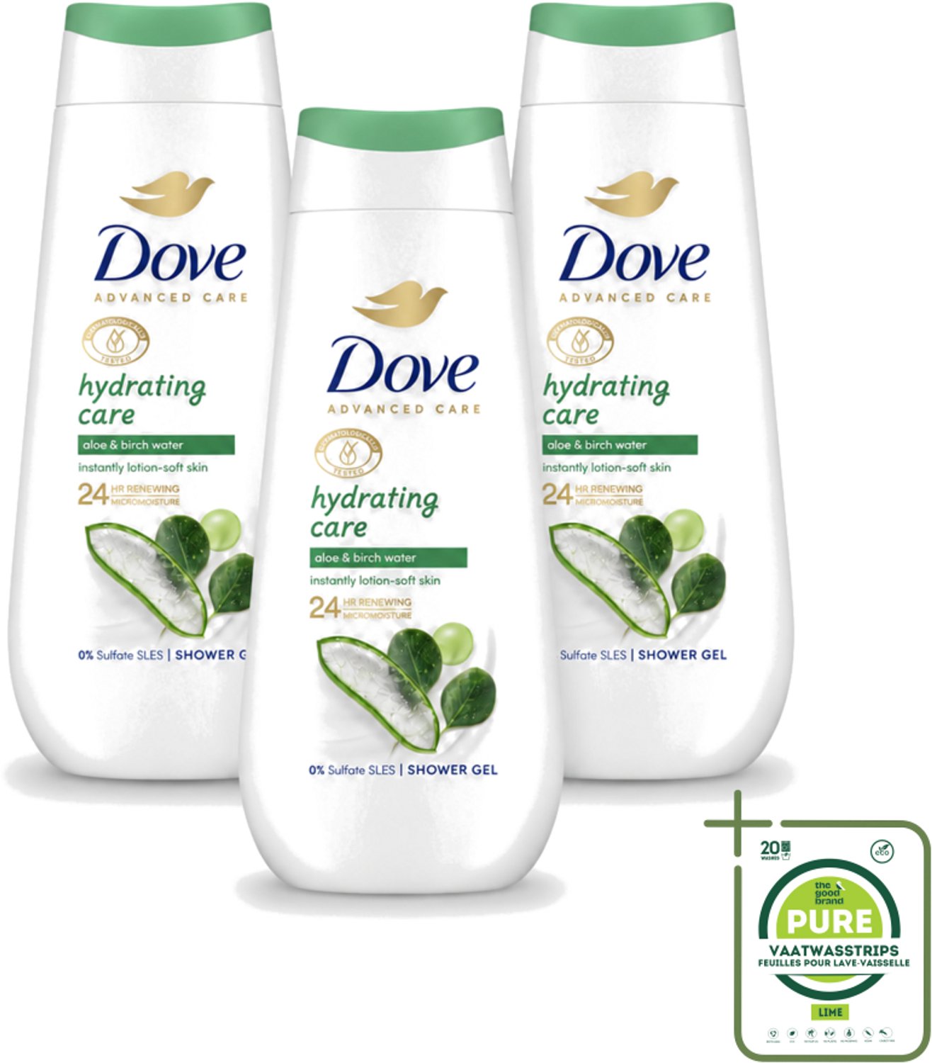 3 x Dove – Douchecrème – Hydrating Care – 225 ml - Grootverpakking - Vaatwasstrips - Douchecrème - Hydratatie - Droge Huid - Mild Douchen - Aloë Vera