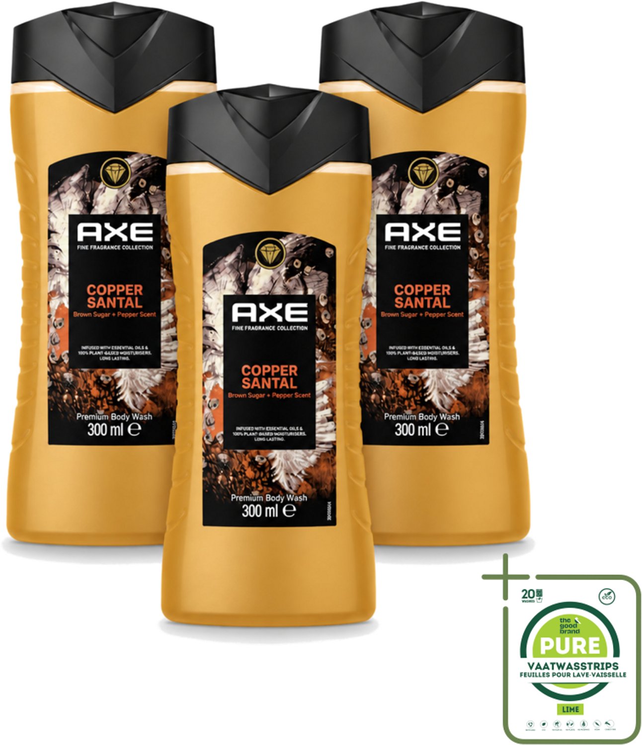 3 x Axe – Douchegel – Copper Santal – 300 ml - Grootverpakking - Vaatwasstrips - Douchegel - Koper - Sandelhout - Mannelijke Geur - Reiniging