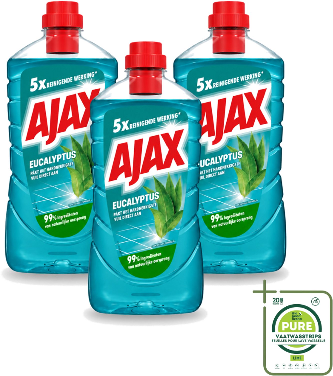 3 x Ajax – Allesreiniger – Eucalyptus – 1000 ml - Grootverpakking - Vaatwasstrips - Allesreiniger - Eucalyptus - Reiniging - Frisse Geur - Schoonmaak
