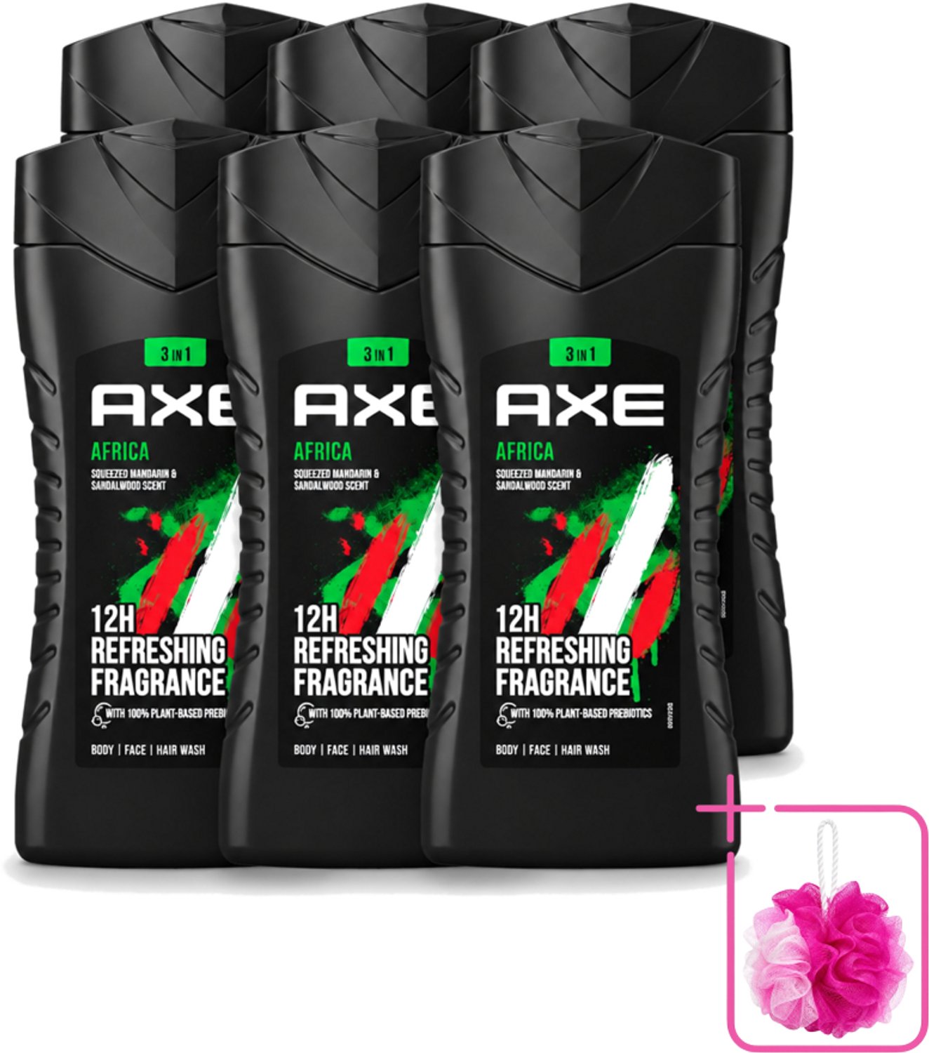 6 x Axe - 3-in-1 Douchegel - Africa - Squeezed Mandarin & Sandalwood - 100% Plantaardig - 250 ml - Bulkverpakking - Douchegel - Douchemop - Axa africa