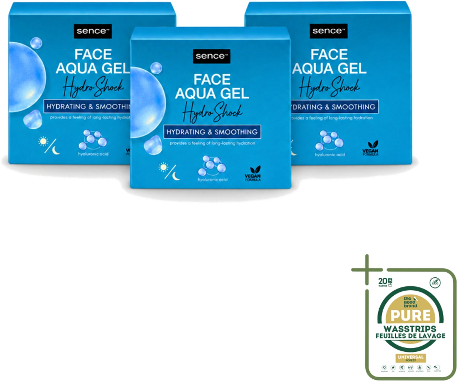 3 x Sence – Dagcrème – Aqua Gel Hydro Shock 2-in-1 – 50 ml - Wasstrips - Hyaluronzuur Serum - Hydratatie - Huid Verzorging - Stralende Huid - Fijne Lijntjes