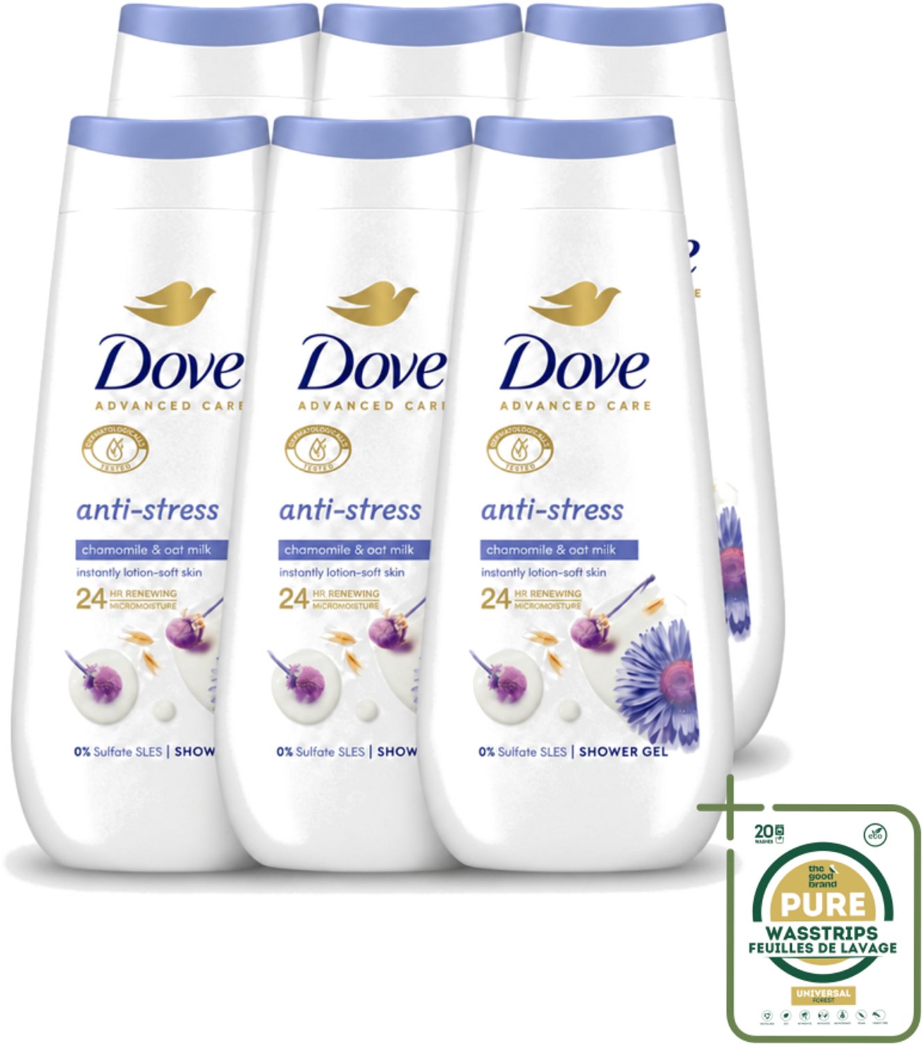 6 x Dove – Douchecrème – Anti-Stress – 225 ml - Wasstrips - Douchecrème Anti-stress - Ontspannende Douche - Droge Huid Verzorging - Blauwe Kamille - Havermelk