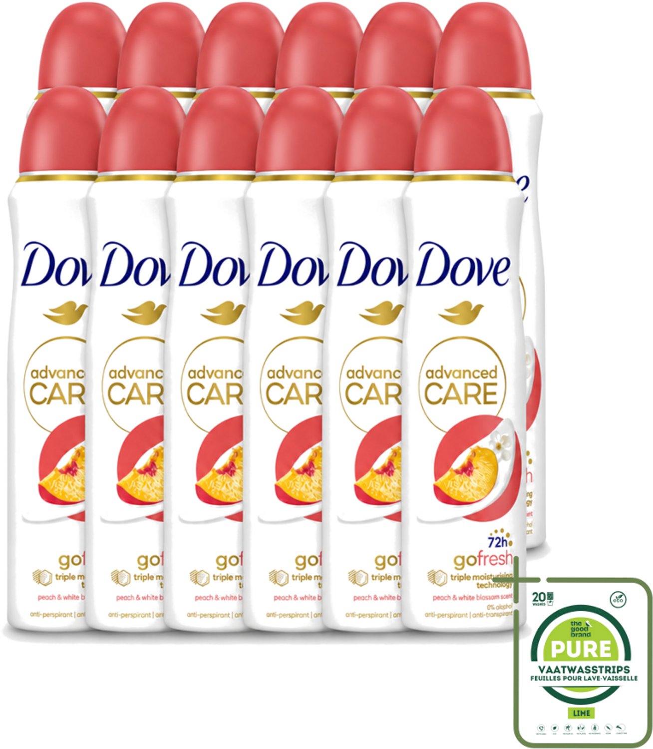 12 x Dove – Deodorant Spray – Peach & White Blossom – 150 ml - Grootverpakking - Vaatwasstrips - Deodorant Spray - Fris - Okselhuid Verzorging - Perzik En Witte Bloesem - Alcoholvrije Deodorant