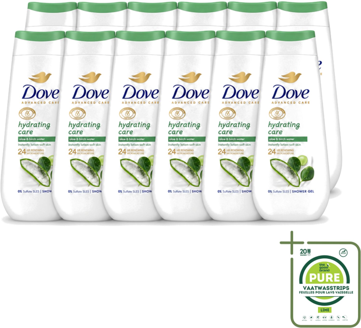 12 x Dove – Douchecrème – Hydrating Care – 225 ml - Grootverpakking - Vaatwasstrips - Douchecrème - Hydratatie - Droge Huid - Mild Douchen - Aloë Vera
