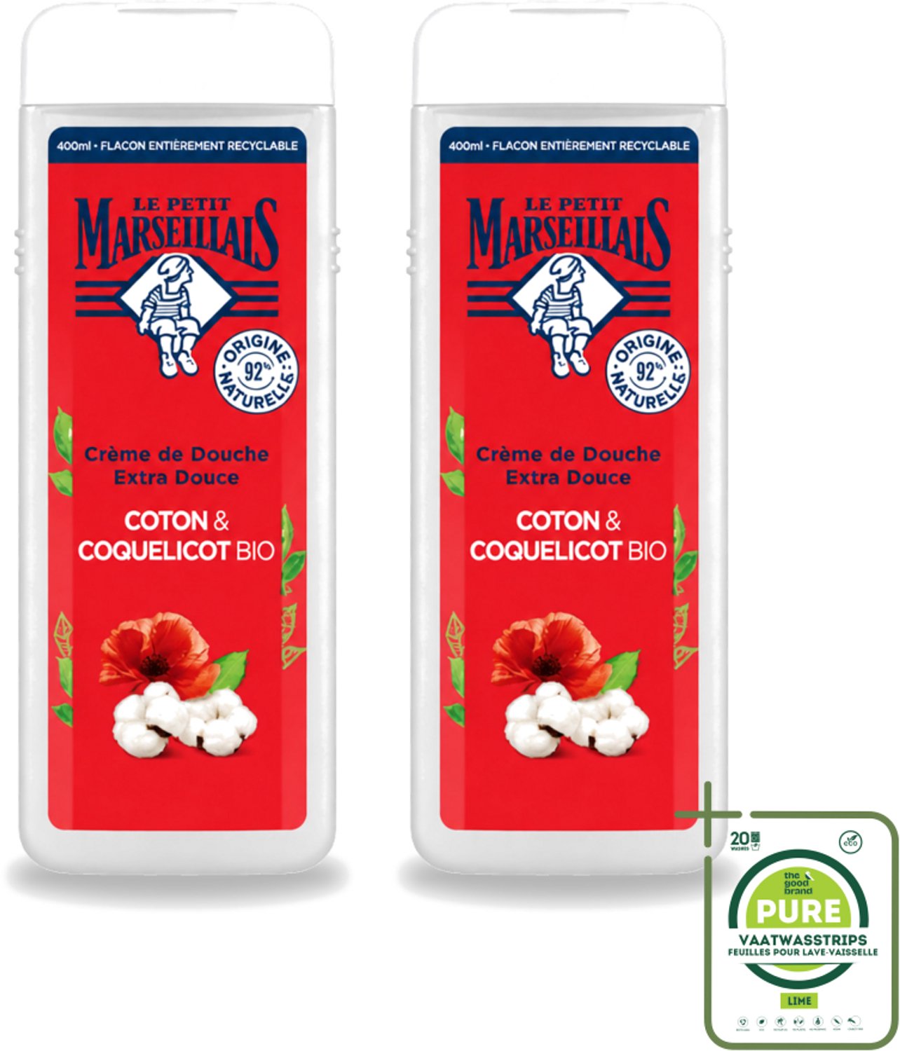 2 x Le Petit Marseillais – Douchegel – Bio Katoenmelk & Papaver – 400 ml - Grootverpakking - Vaatwasstrips - Douchegel Bio - Katoenmelk - Papaver - Huid Verzorging - Milde Reiniging