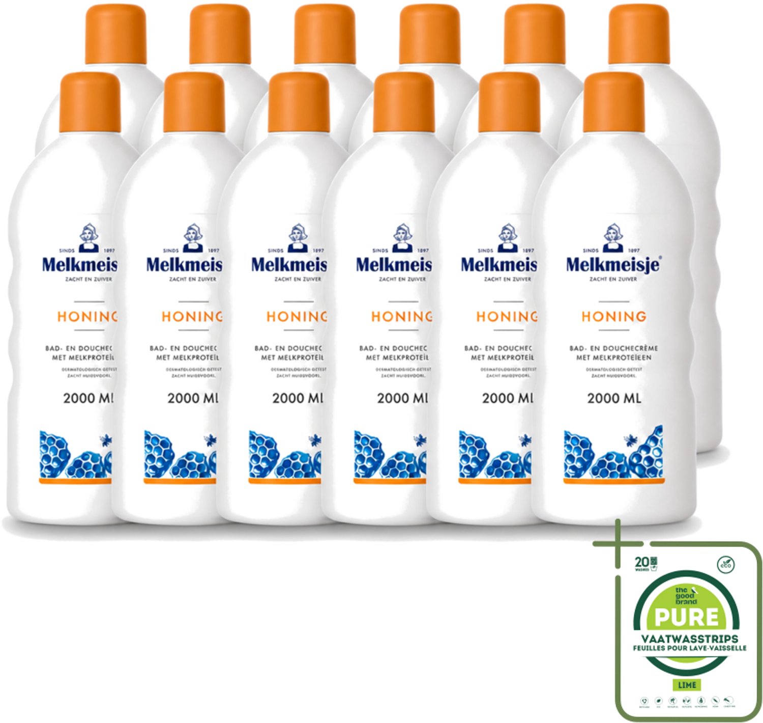 12 x Melkmeisje – Bad & Douche – Honing – 2000 ml - Grootverpakking - Vaatwasstrips - Melkmeisje Bad En Douche - Bad En Douche Crème - Melkproteïnen - Honing - Huid Verzorging