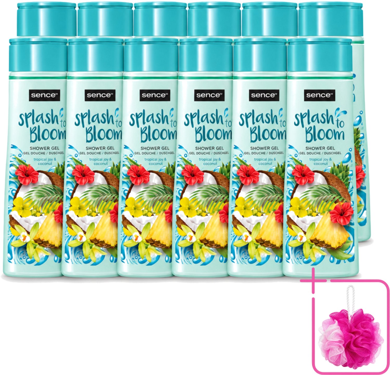 12 x Sence - Tropical Joy & Coconut - Douchegel - Exotisch - 300 ml - Bulkverpakking - Douchegel kokos - Douchemop - Tropische geur