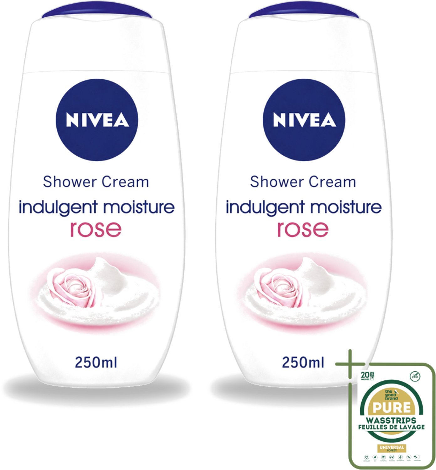 2 x Nivea - Shower Indulgent Moisture Rose Douchecrème - 250 ml - Wasstrips - Douchecrème - Amandelmelk - Rozengeur - Hydraterende Douchecrème - Zachte Huid