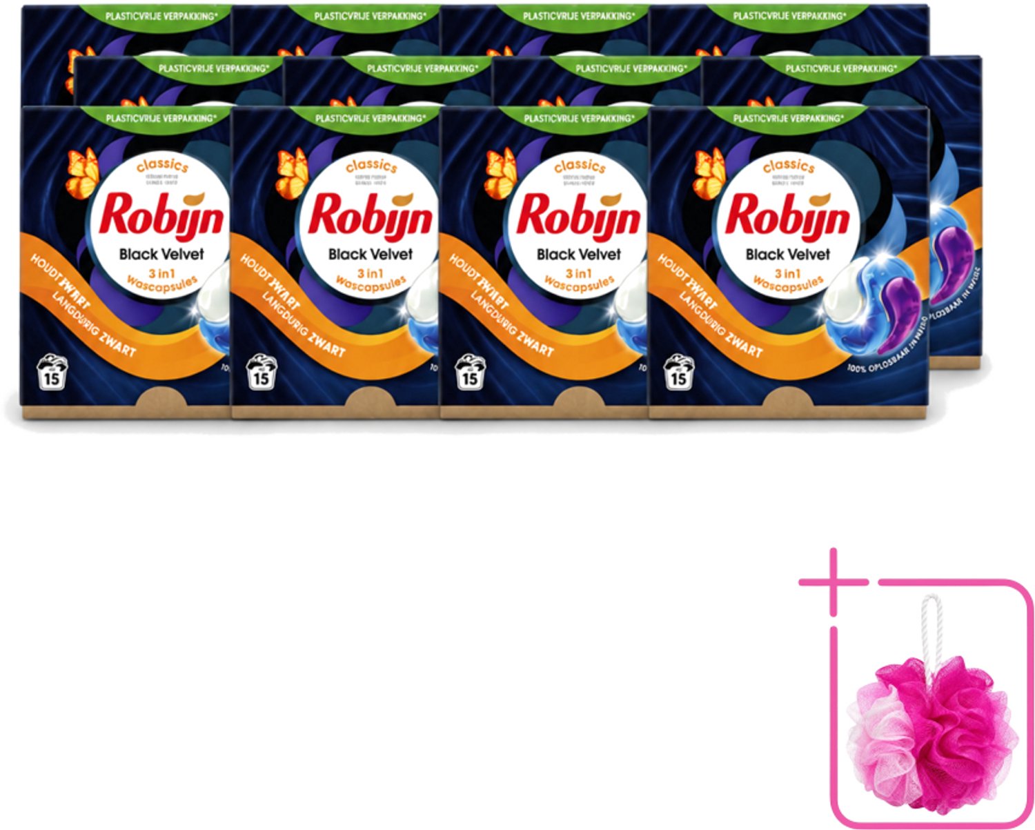 12 x Robijn – 3-in-1 Wascapsules – Black Velvet – 15 capsules - Bulkverpakking - Zwarte was - Douchemop - Zwart kleding