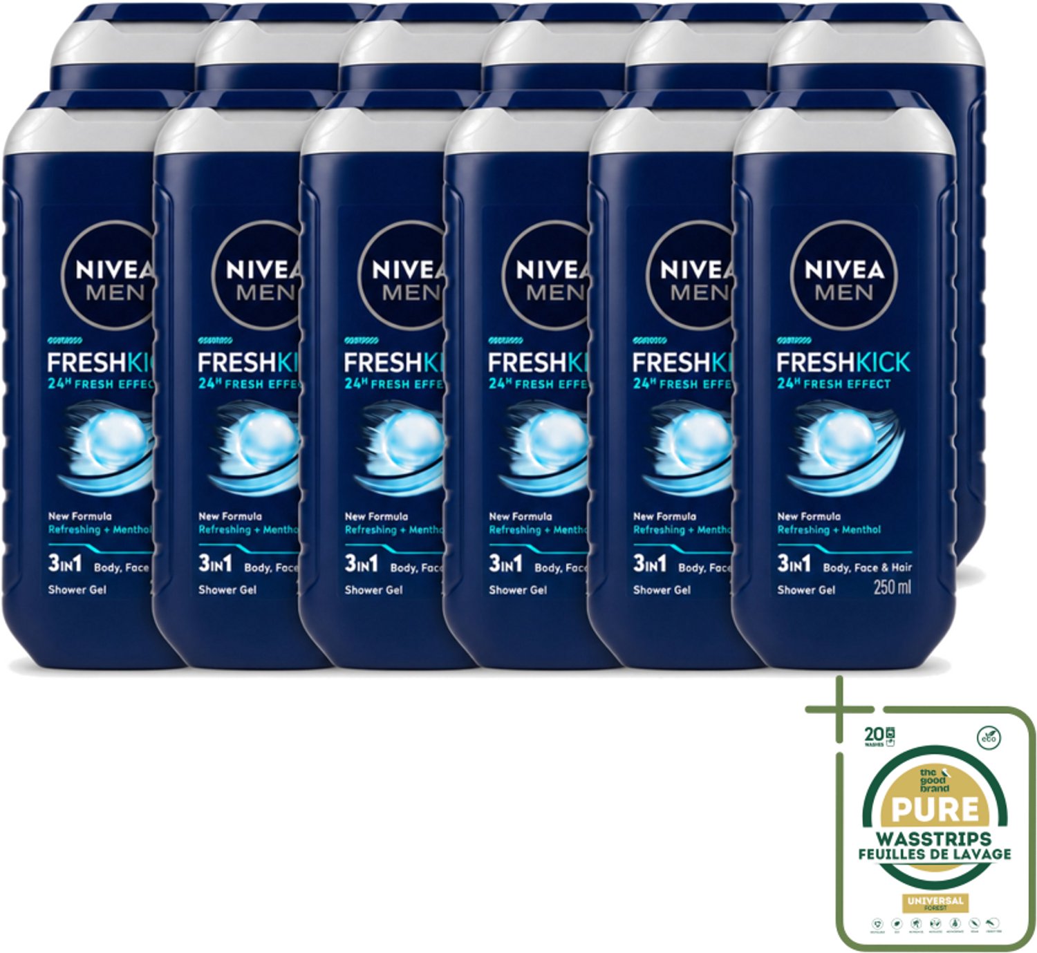 12 x Nivea Men – Douchegel – Fresh Kick – 250 ml - Wasstrips - Douchegel - Verfrissend - Munt - Verkoelend - Lichaam