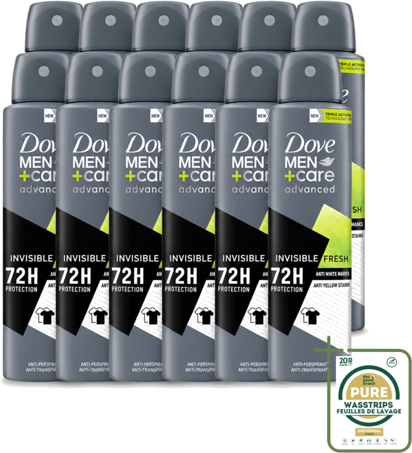 12 x Dove Men+Care – Deodorant Spray – Advanced Invisible Fresh – 150 ml - Wasstrips - Deodorant Spray Voor Mannen - Geur Tegen Zweet - Verzorging Okselhuid - Frisheid - Zweetgeur