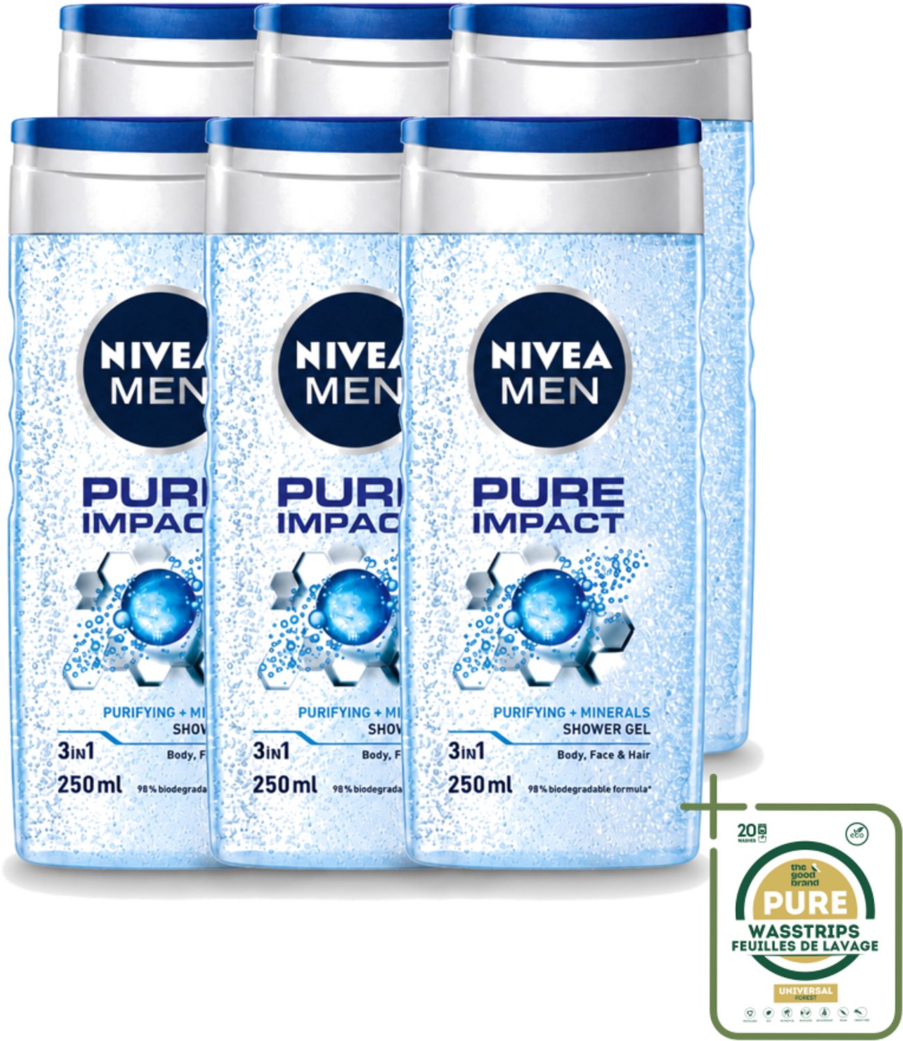 6 x Nivea Men – Douchegel – Pure Impact – 250 ml - Wasstrips - Douchegel - Zuiverende Douchegel - Reinigende Douchegel - Zweet Verwijderen - Vuil Verwijderen