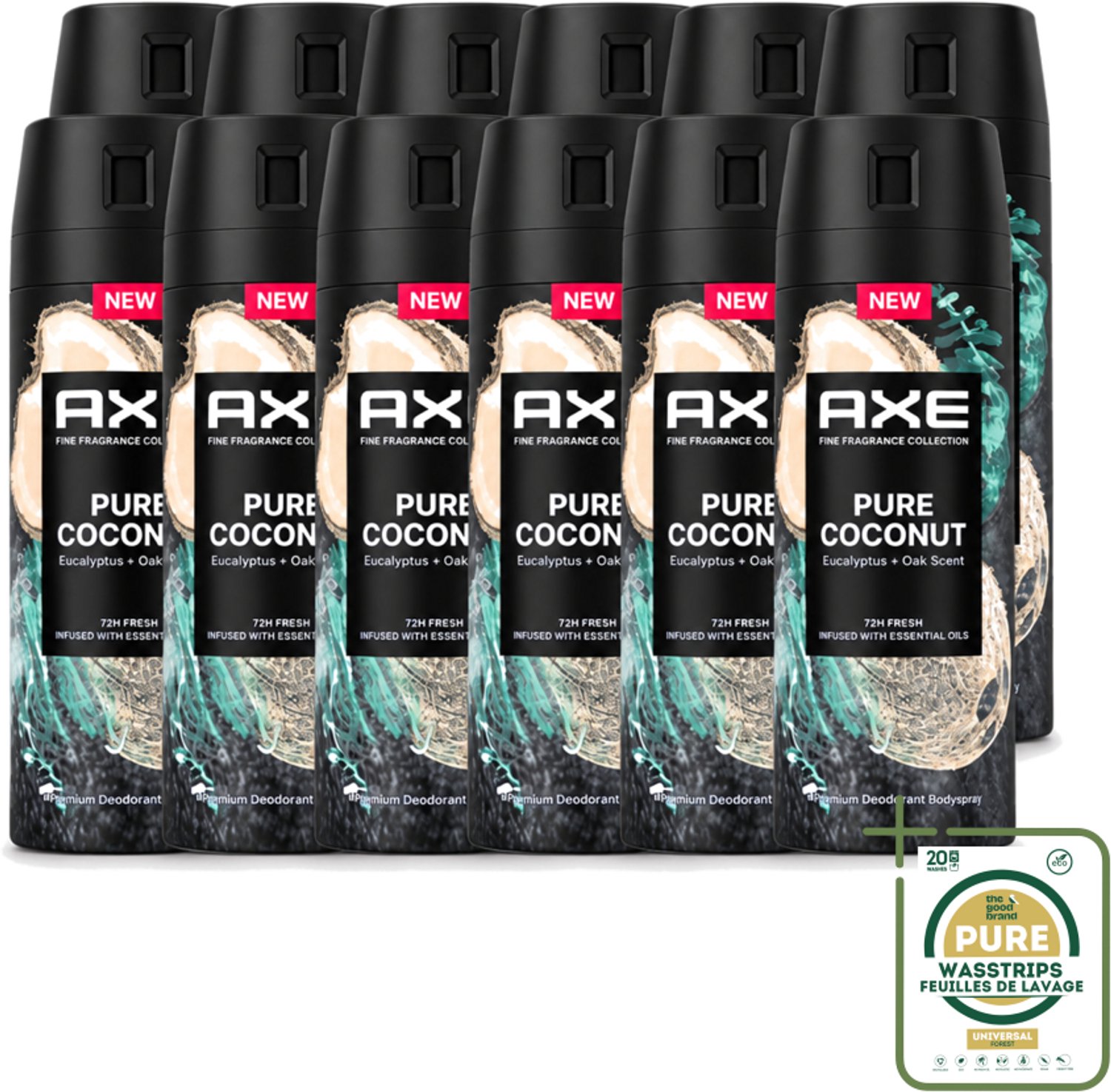 12 x Axe – Deodorant Spray – Pure Coconut – 150 ml - Wasstrips - Deodorant Spray - Kokosgeur - Frisheid - Transpiratiegeur - Mannelijke Deodorant