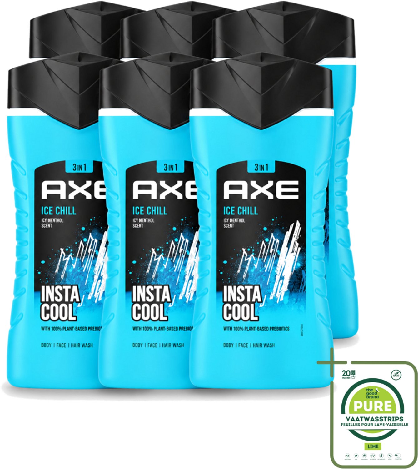 6 x Axe - 3-in-1 Douchegel - Ice Chill - Icy Menthol - Insta Cool - 100% Plantaardig - 150 ml - Grootverpakking - Vaatwasstrips - Douchegel - Menthol - 3-in-1 - Frisheid - Onweerstaanbare Geur