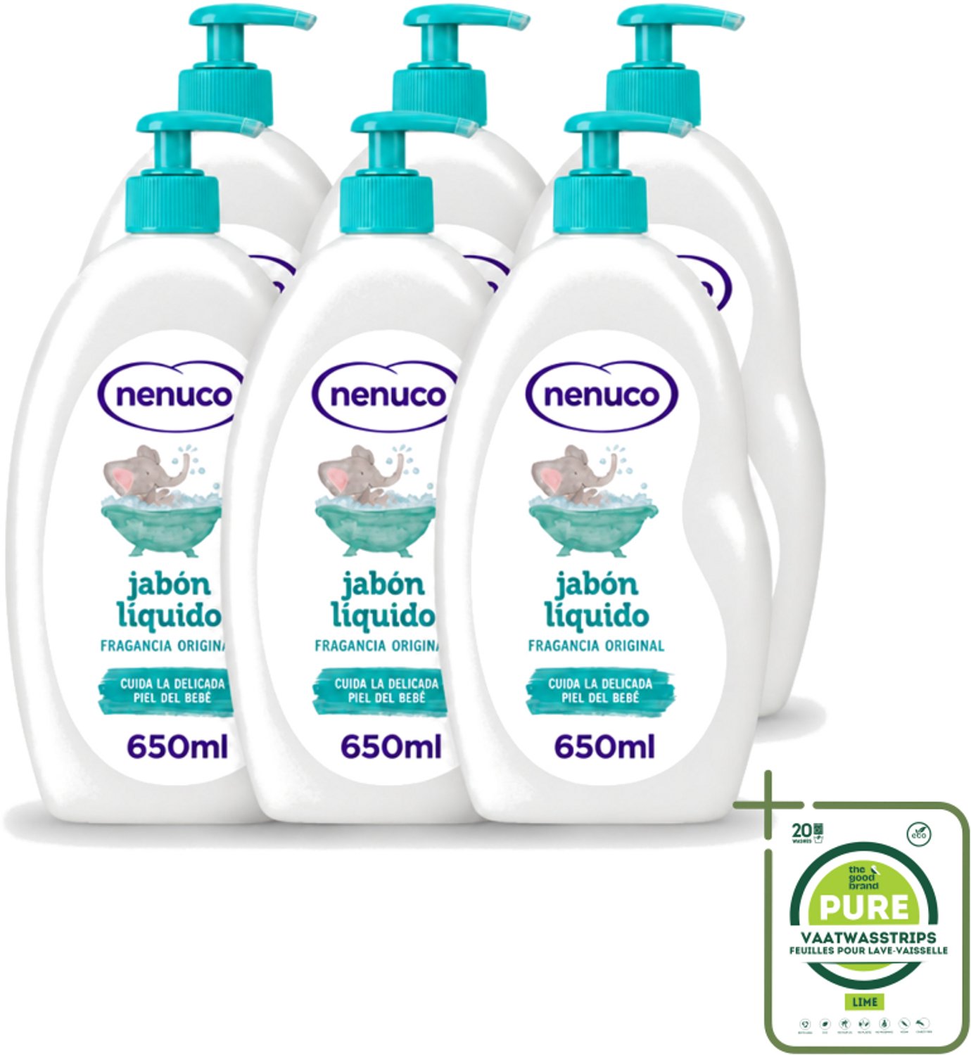 6 x Nenuco - Jabon Líquido - Vloeibare Zeep - Originele Geur - Met Doseerpomp - 650 ml - Grootverpakking - Vaatwasstrips - Vloeibare Zeep - Zeep Voor Baby - Handzeep - Douchegel - Badzeep